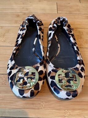 Tory Burch Leopard Print Reva Flats with Gold Logo Medallion